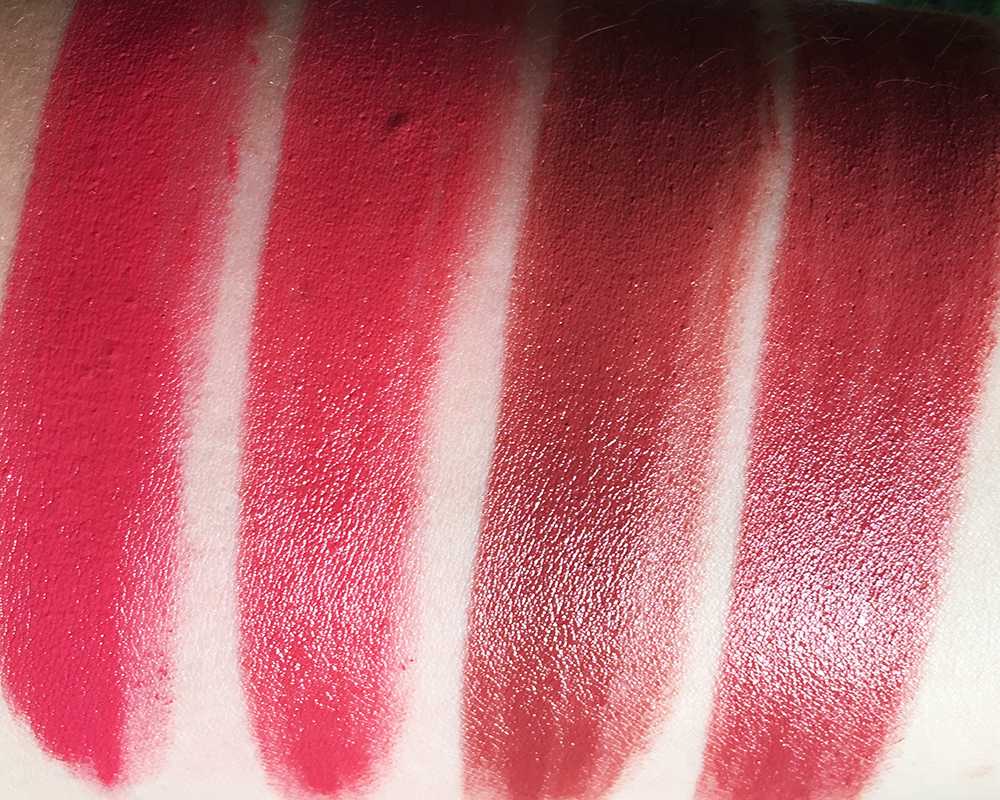 swatch rossetti shiseido Burning Up Crime of Passion Rose Crush Red Queen