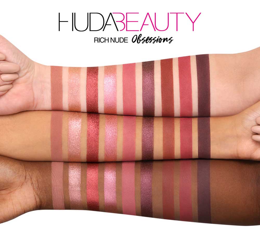 Swatches palette Rich Nude Obsessions Huda Beauty