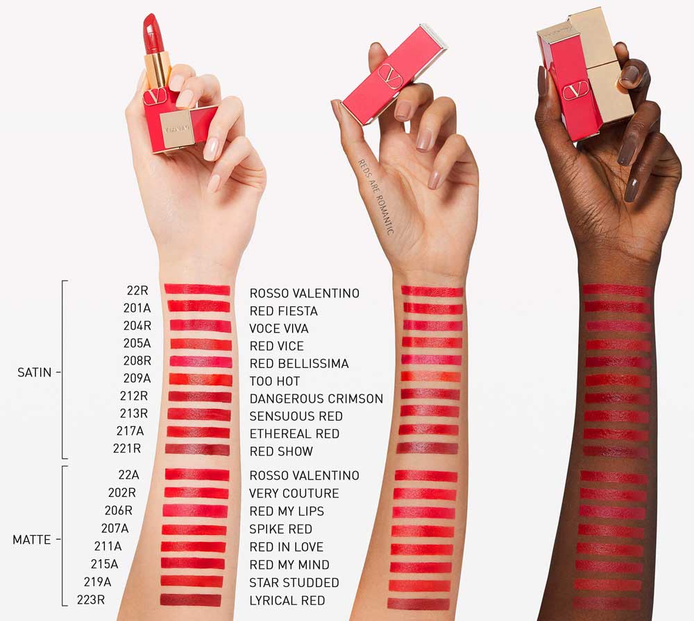 Swatches rossetti rossi Valentino Beauty