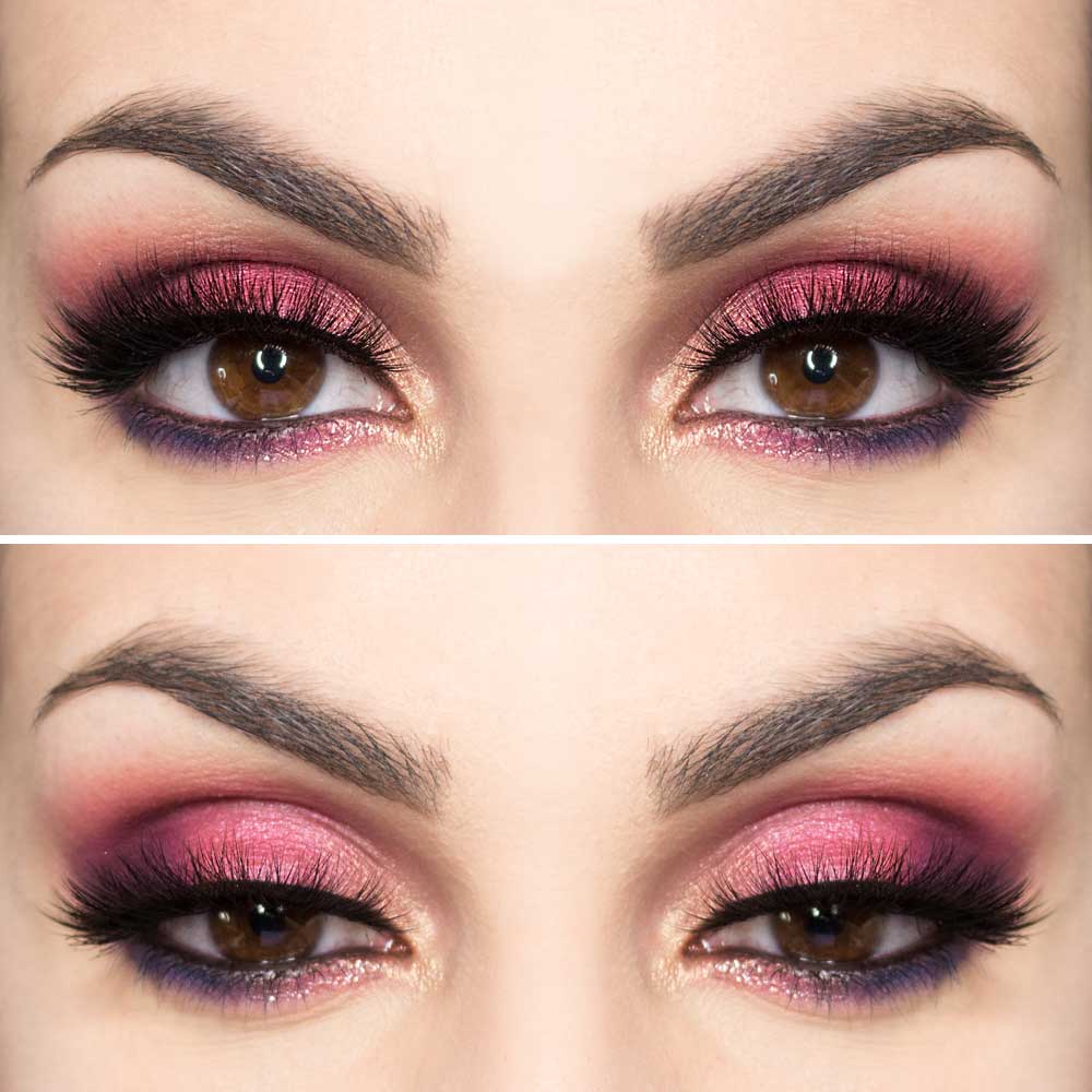 Trucco rosa e viola per occhi marroni