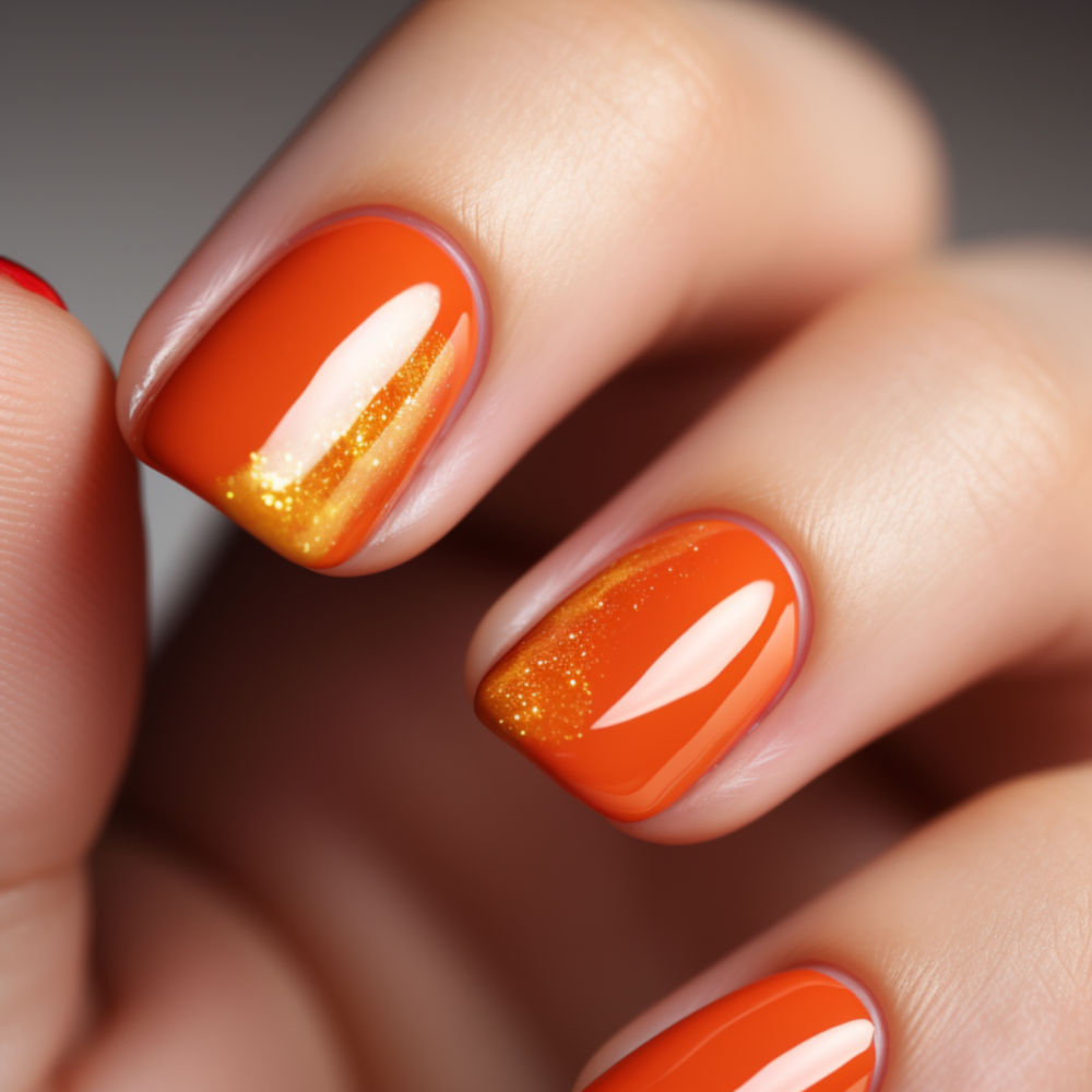 Idea manicure con smalto arancione scuro e glitter oro