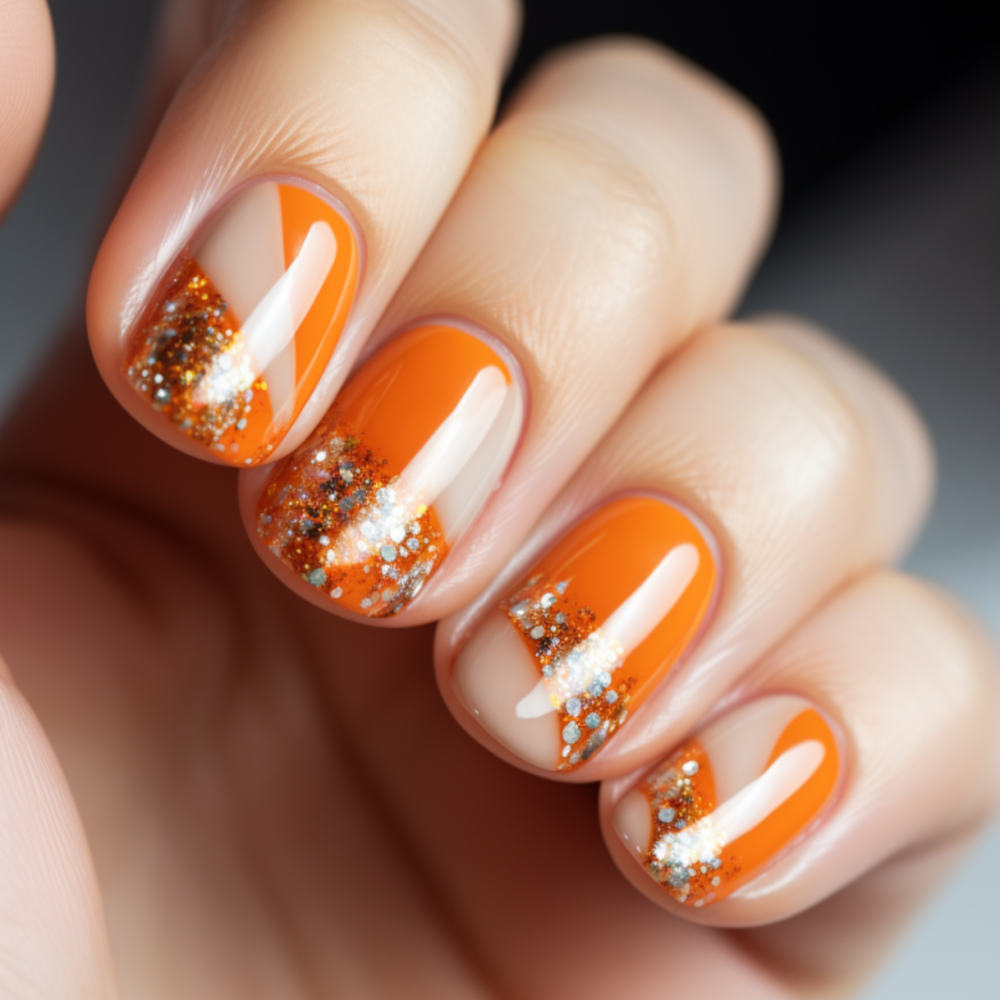 Idea manicure arancione bicolore con glitter