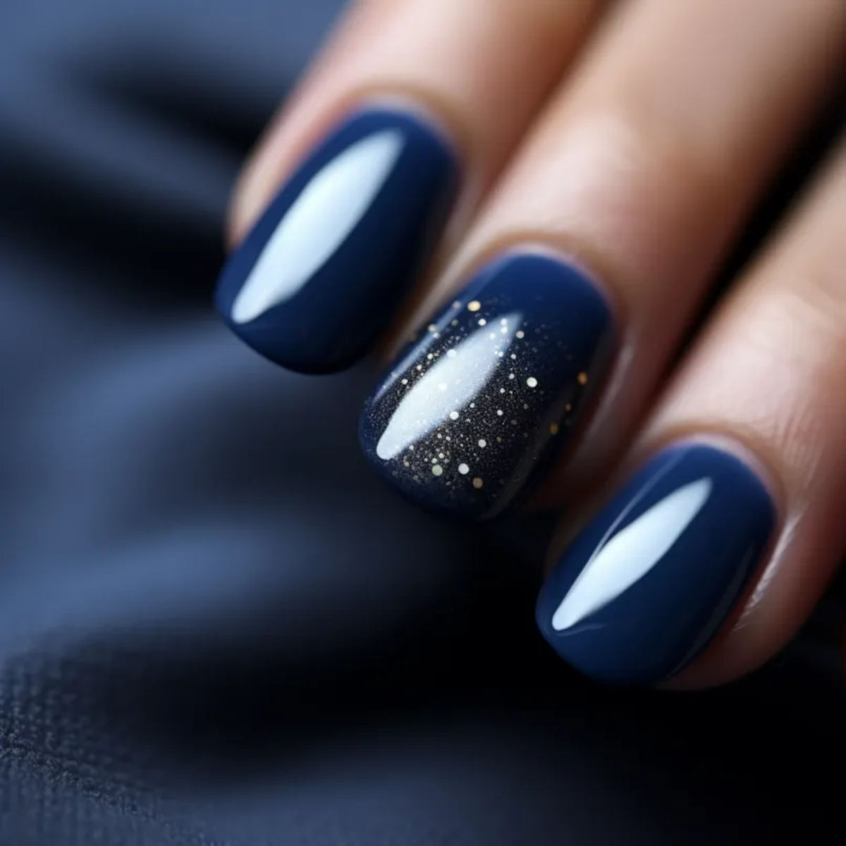 Idea manicure con smalti blu e glitter dorati