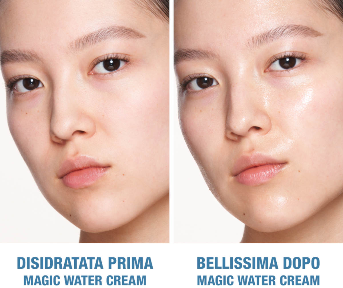 Prima e dopo utilizzo della crema viso Magic Cream Water