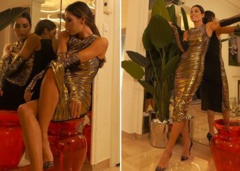 Elisabetta Gregoraci brilla con abito oro metallizzato per le feste