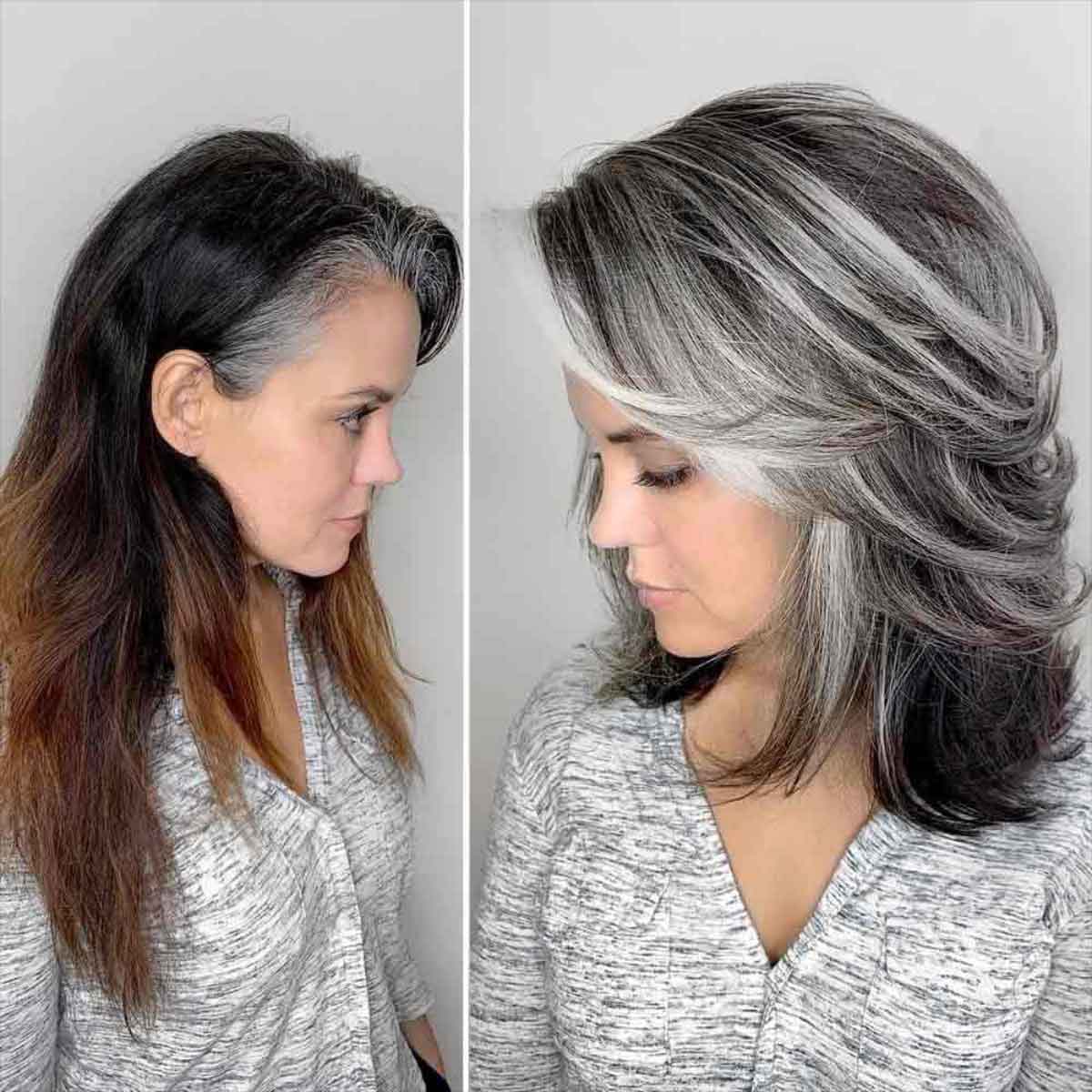 Prima e dopo taglio medio capelli grigi