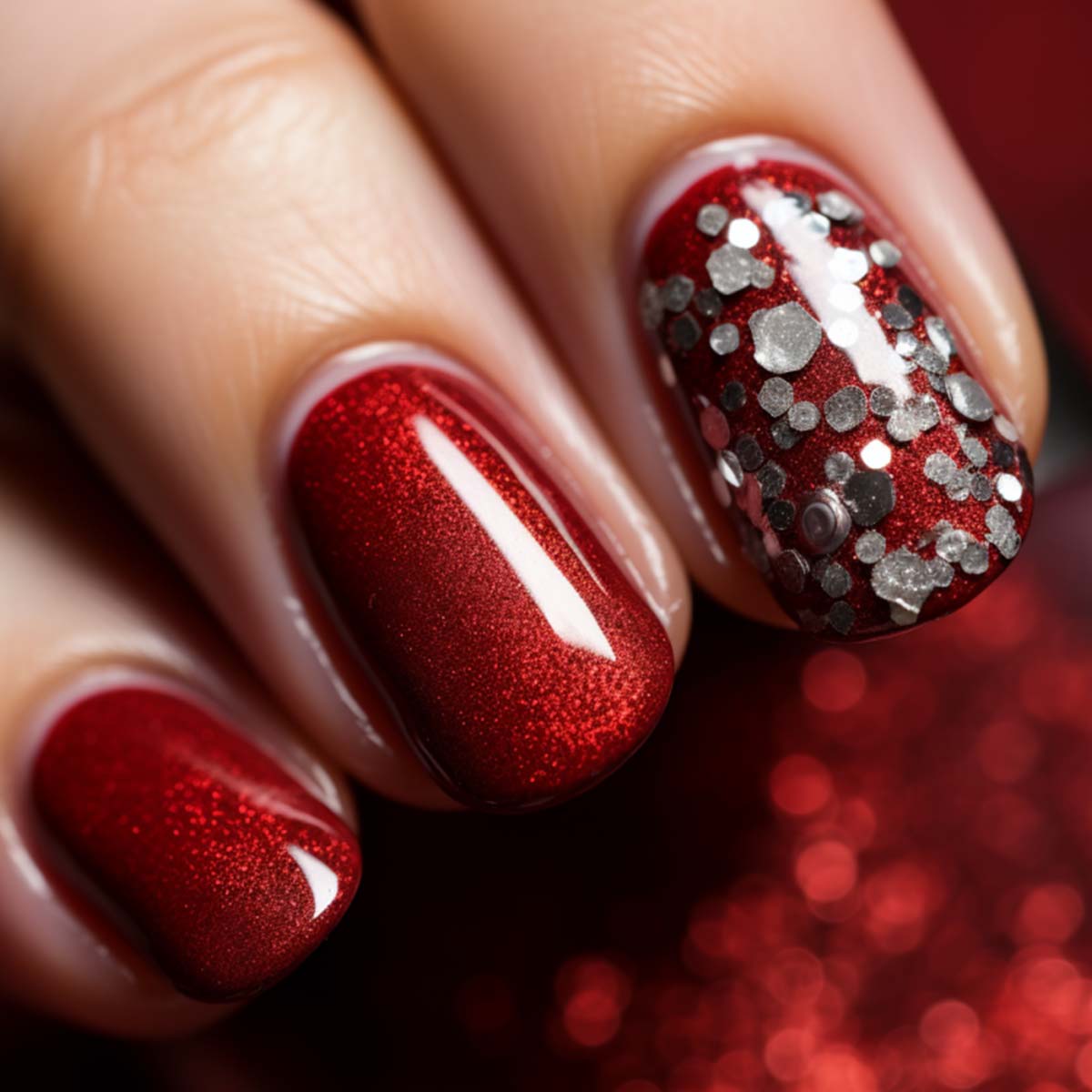 Unghie rosse glitter argento Natale