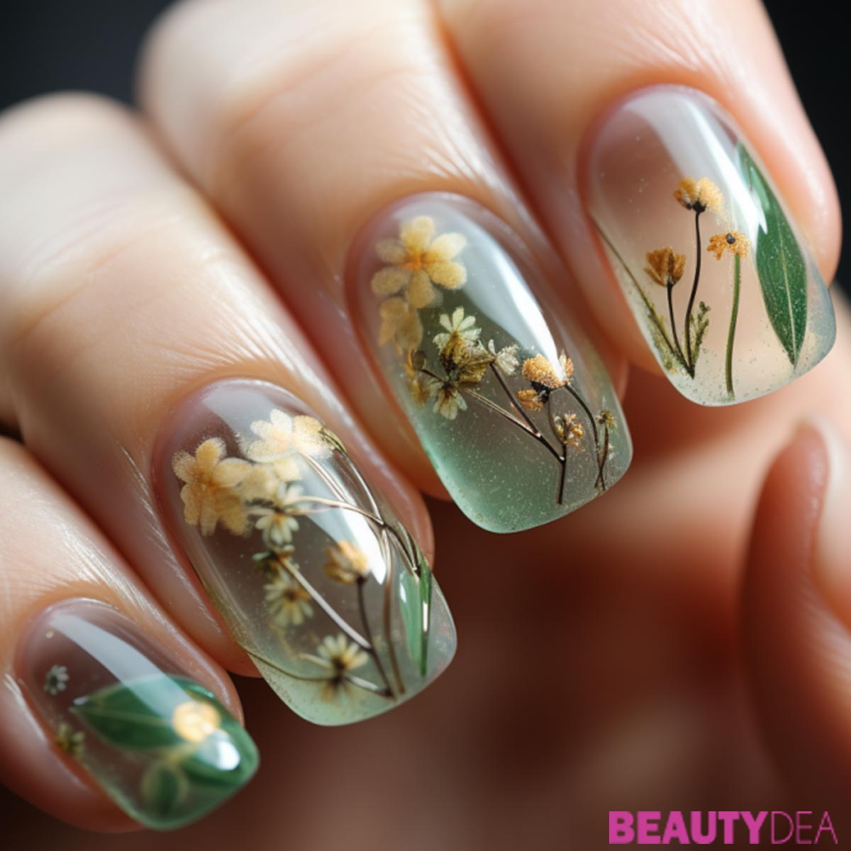 Unghie effetto vetro trasparenti con fiori Unghie effetto vetro trasparenti con fiori