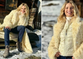 Michelle Hunziker cappotto bianco montagna