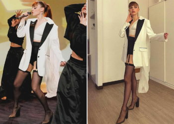 Annalisa a Le Iene con outfit bianco e nero tendenza 2024
