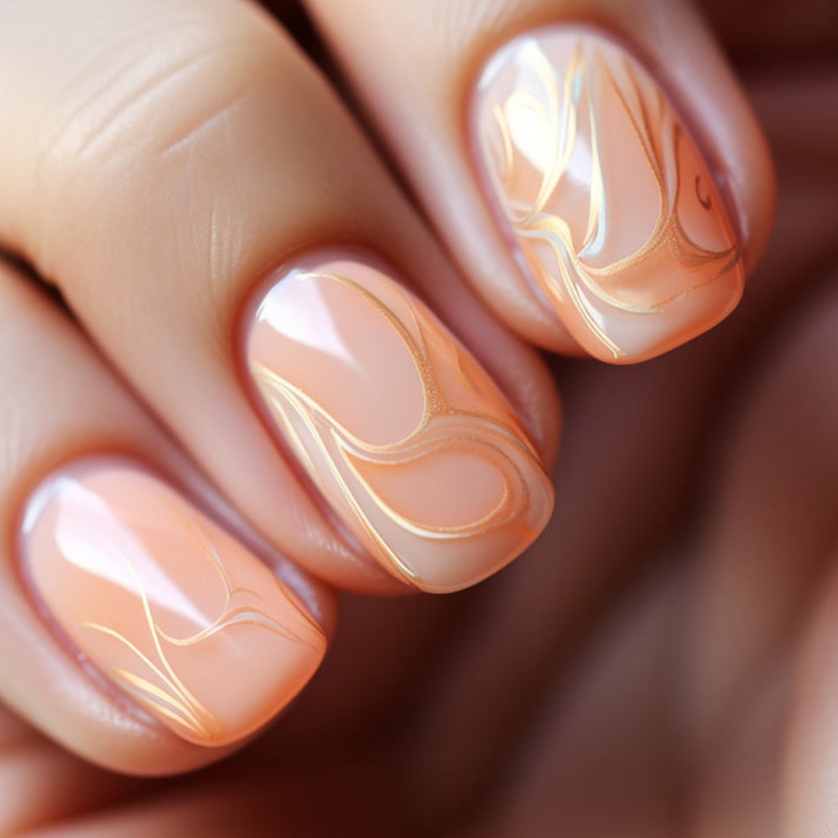 Manicure Peach Fuzz con decori oro